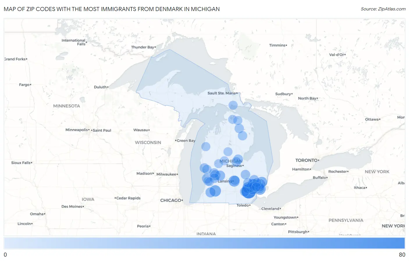 Zip Codes with the Most Immigrants from Denmark in Michigan Map