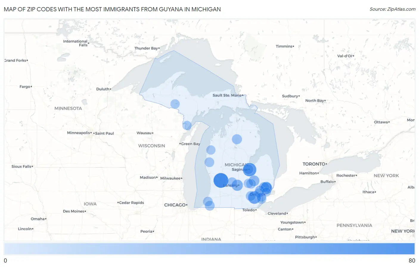 Zip Codes with the Most Immigrants from Guyana in Michigan Map
