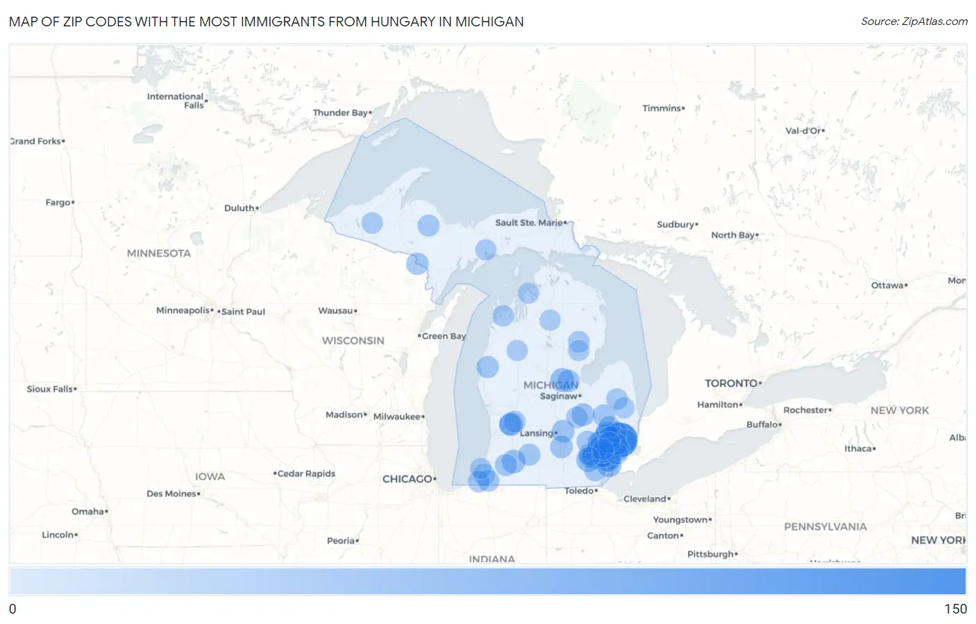 Zip Codes with the Most Immigrants from Hungary in Michigan Map