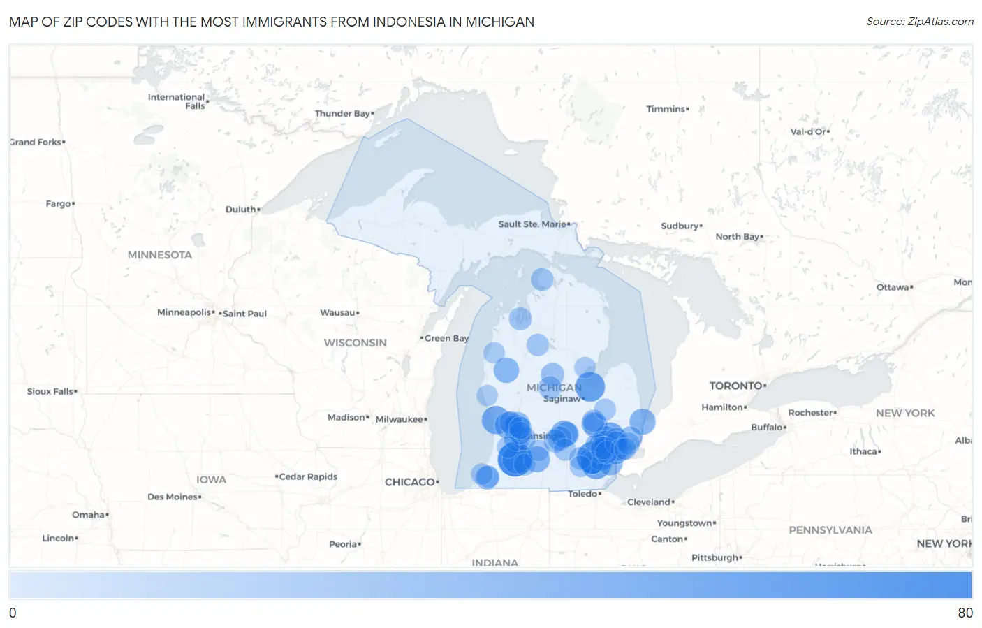 Zip Codes with the Most Immigrants from Indonesia in Michigan Map