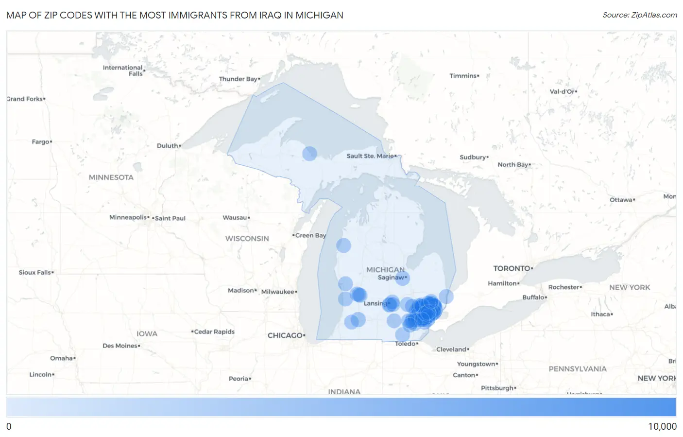 Zip Codes with the Most Immigrants from Iraq in Michigan Map