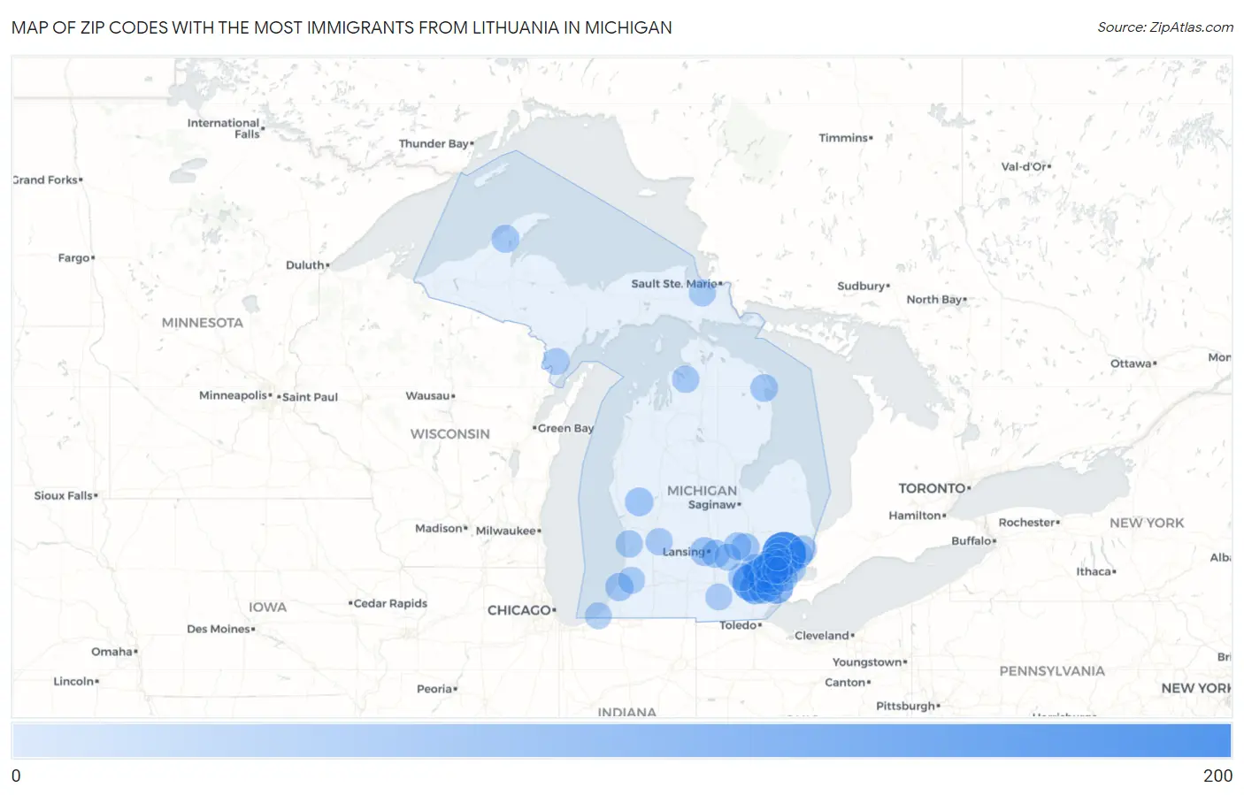 Zip Codes with the Most Immigrants from Lithuania in Michigan Map