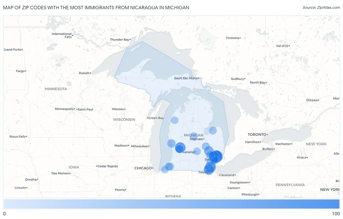Zip Codes with the Most Immigrants from Nicaragua in Michigan Map