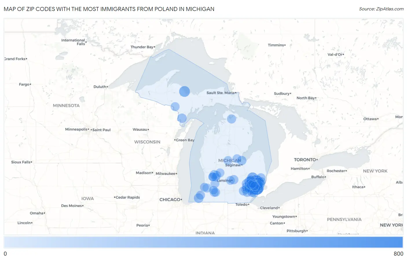 Zip Codes with the Most Immigrants from Poland in Michigan Map