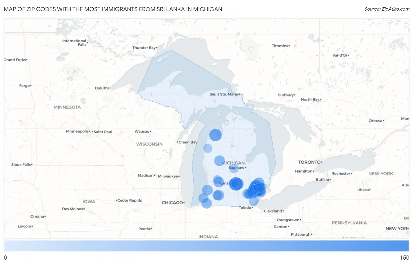 Zip Codes with the Most Immigrants from Sri Lanka in Michigan Map
