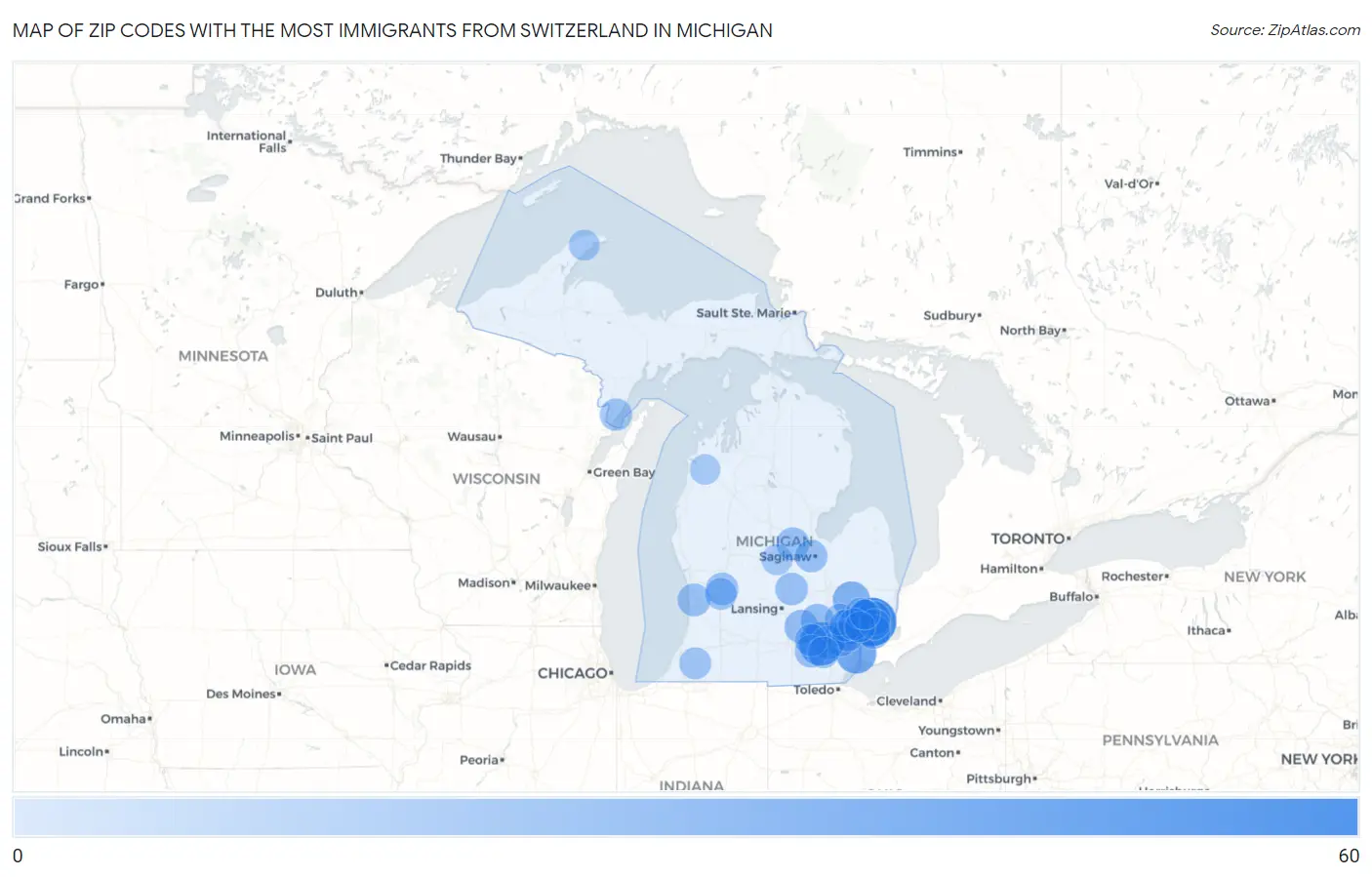 Zip Codes with the Most Immigrants from Switzerland in Michigan Map