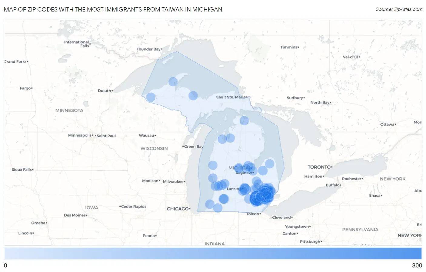 Zip Codes with the Most Immigrants from Taiwan in Michigan Map