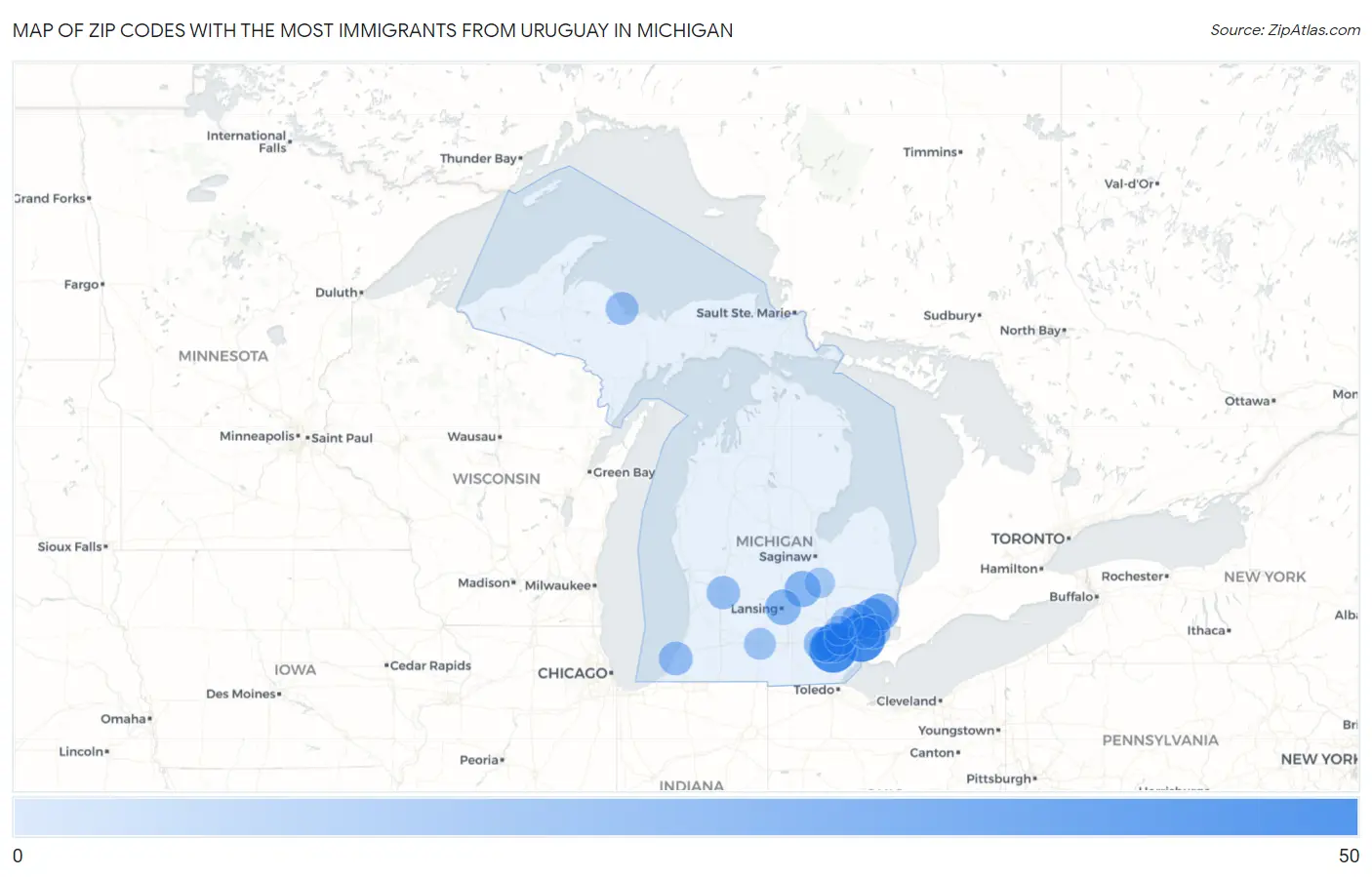 Zip Codes with the Most Immigrants from Uruguay in Michigan Map