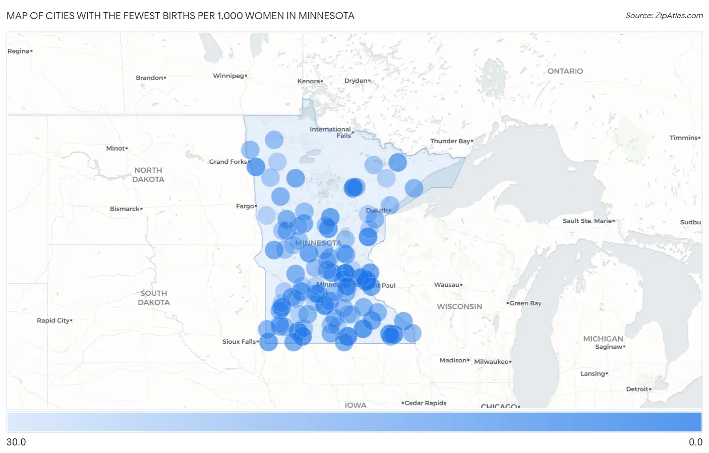 Cities with the Fewest Births per 1,000 Women in Minnesota Map