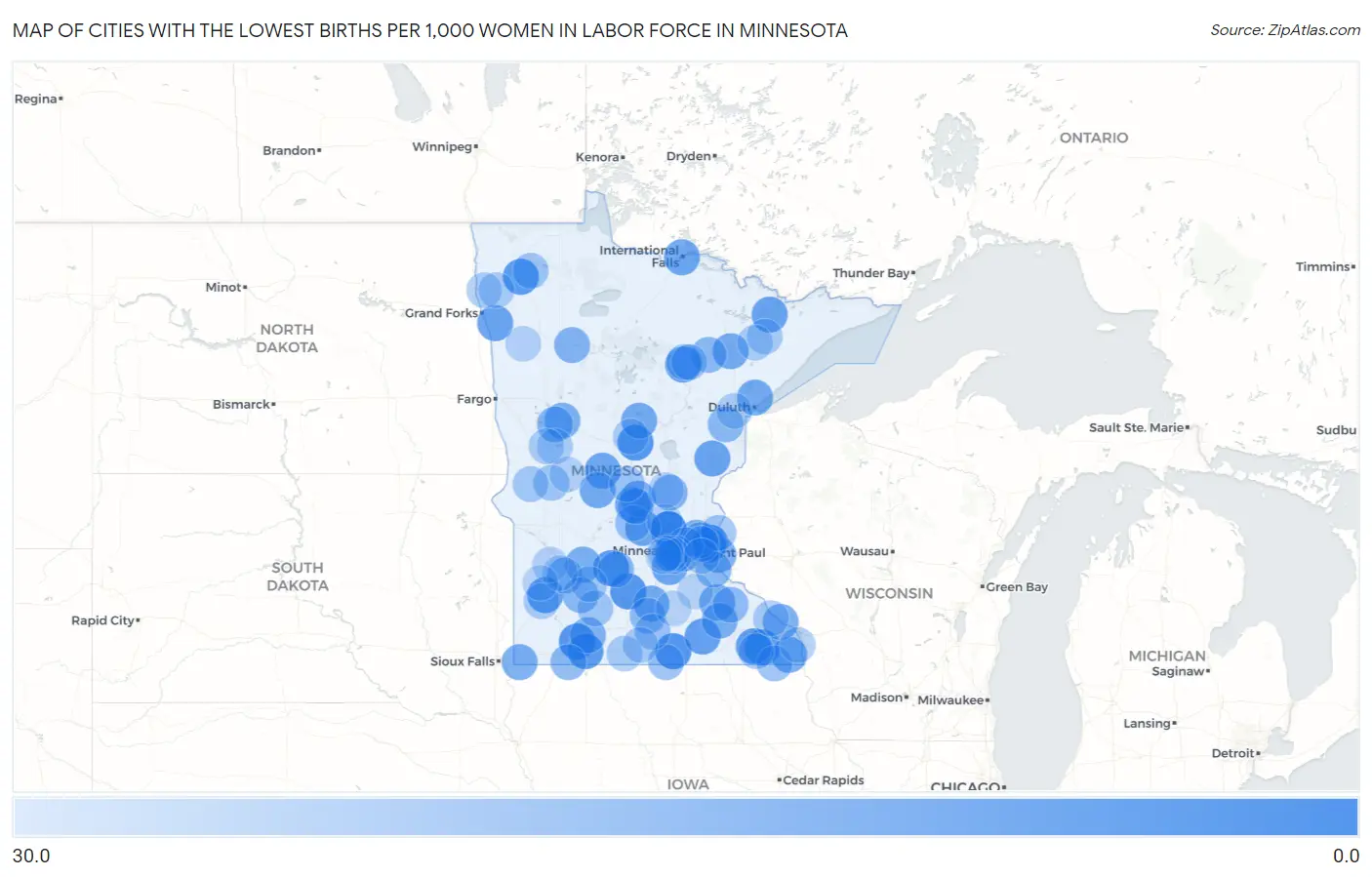Cities with the Lowest Births per 1,000 Women in Labor Force in Minnesota Map