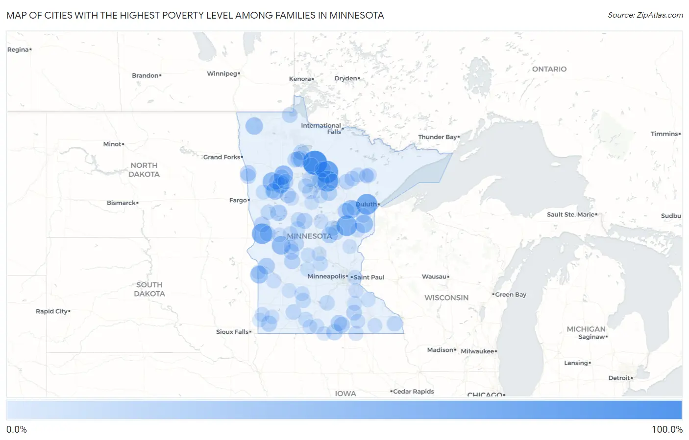Cities with the Highest Poverty Level Among Families in Minnesota Map