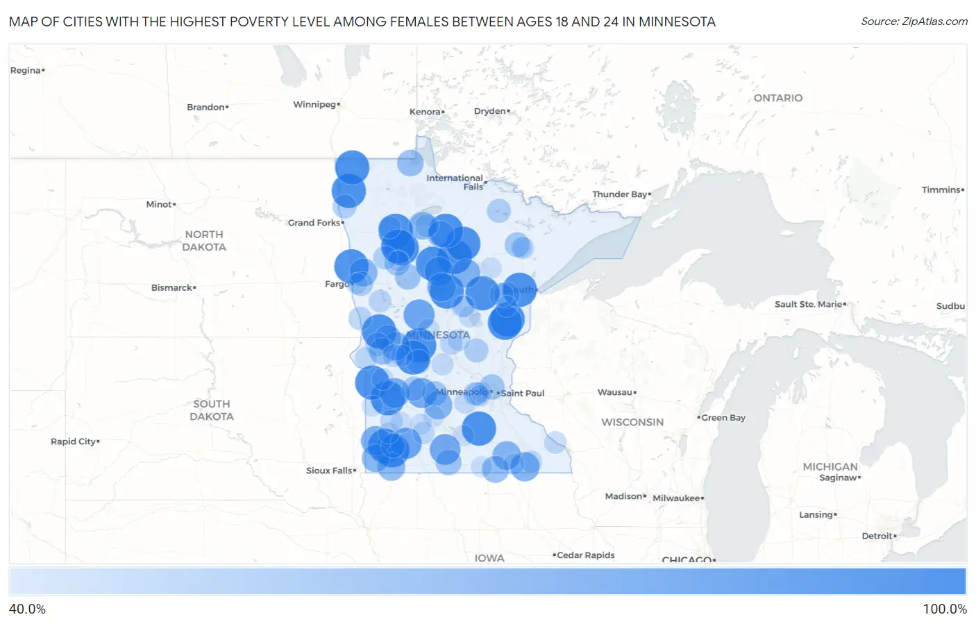Cities with the Highest Poverty Level Among Females Between Ages 18 and 24 in Minnesota Map