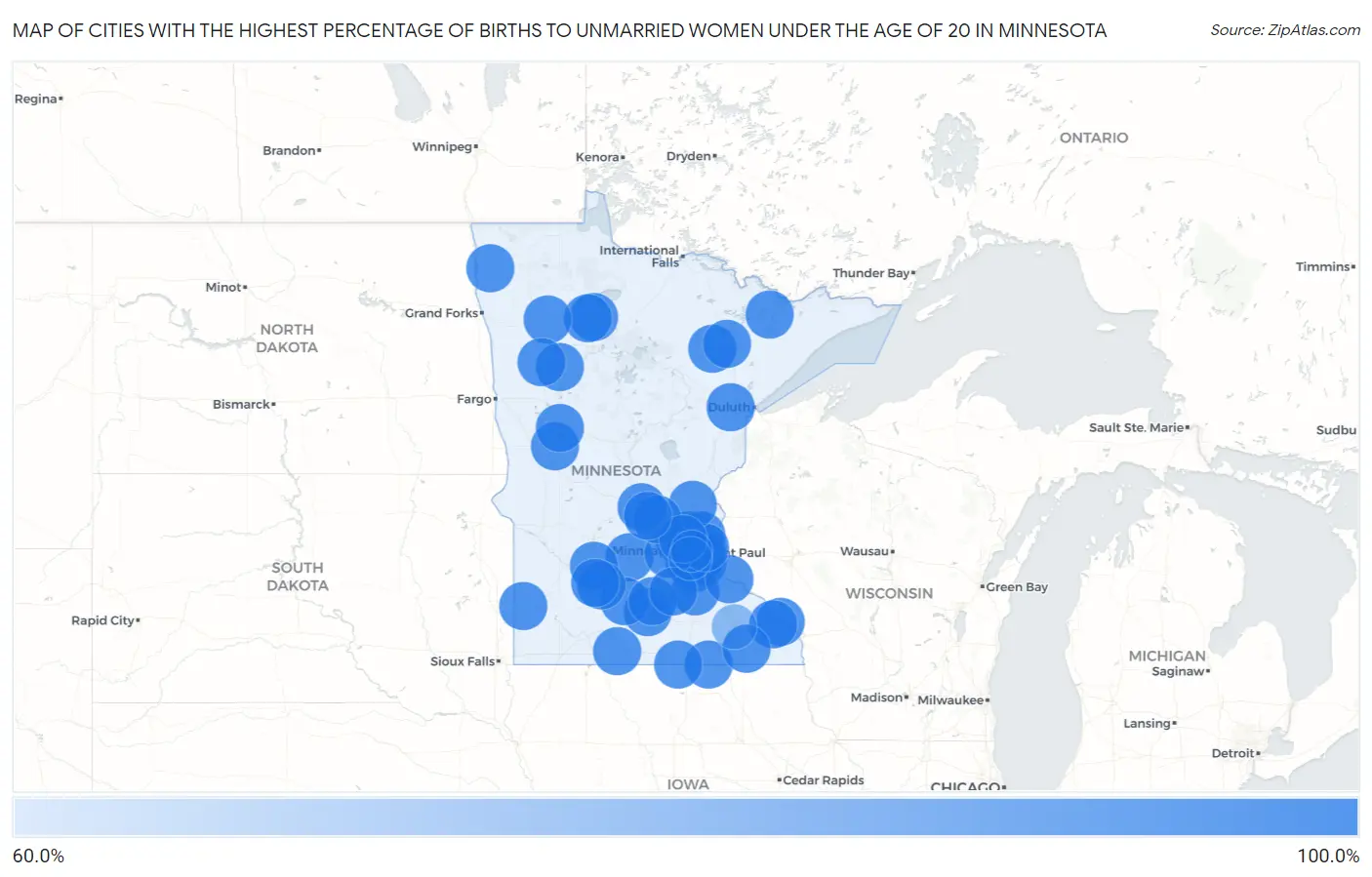 Cities with the Highest Percentage of Births to Unmarried Women under the Age of 20 in Minnesota Map