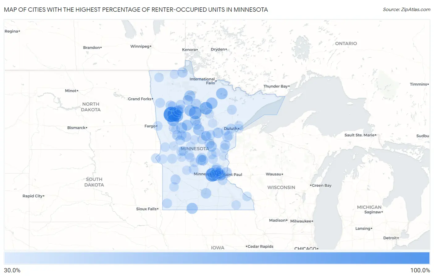 Cities with the Highest Percentage of Renter-Occupied Units in Minnesota Map