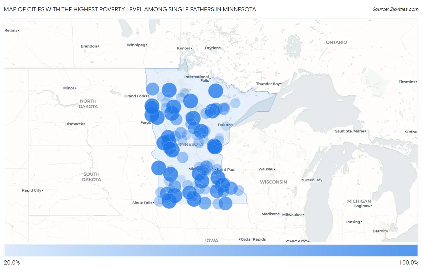 Cities with the Highest Poverty Level Among Single Fathers in Minnesota Map