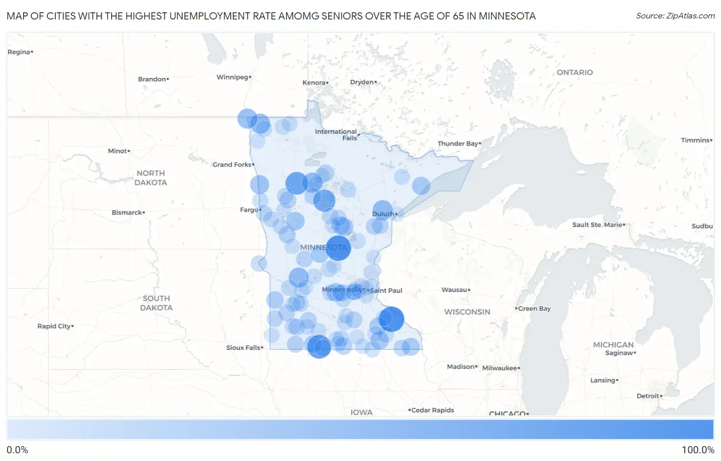 Cities with the Highest Unemployment Rate Amomg Seniors Over the Age of 65 in Minnesota Map