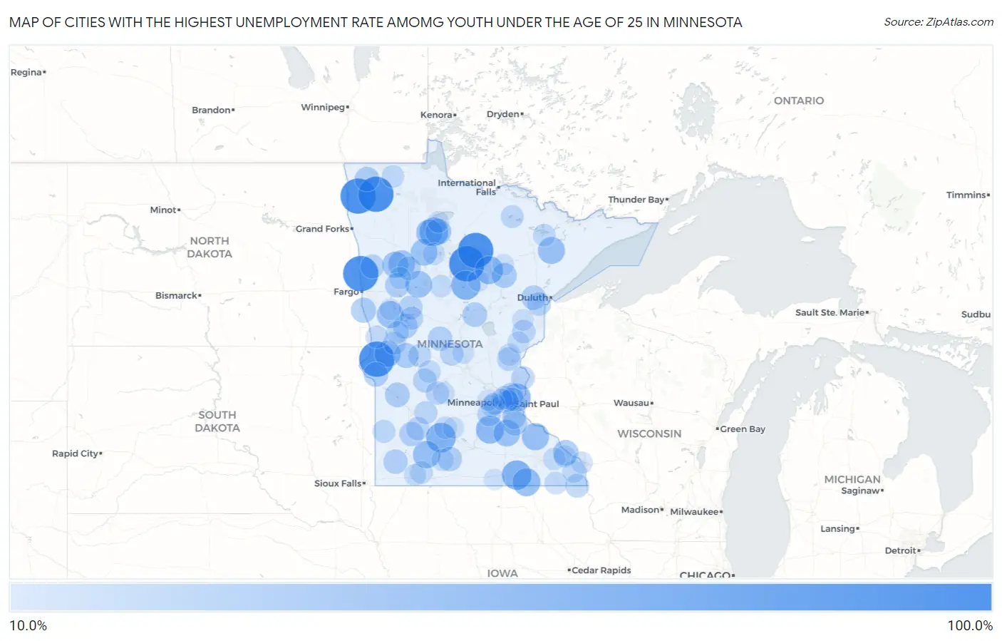 Cities with the Highest Unemployment Rate Amomg Youth Under the Age of 25 in Minnesota Map