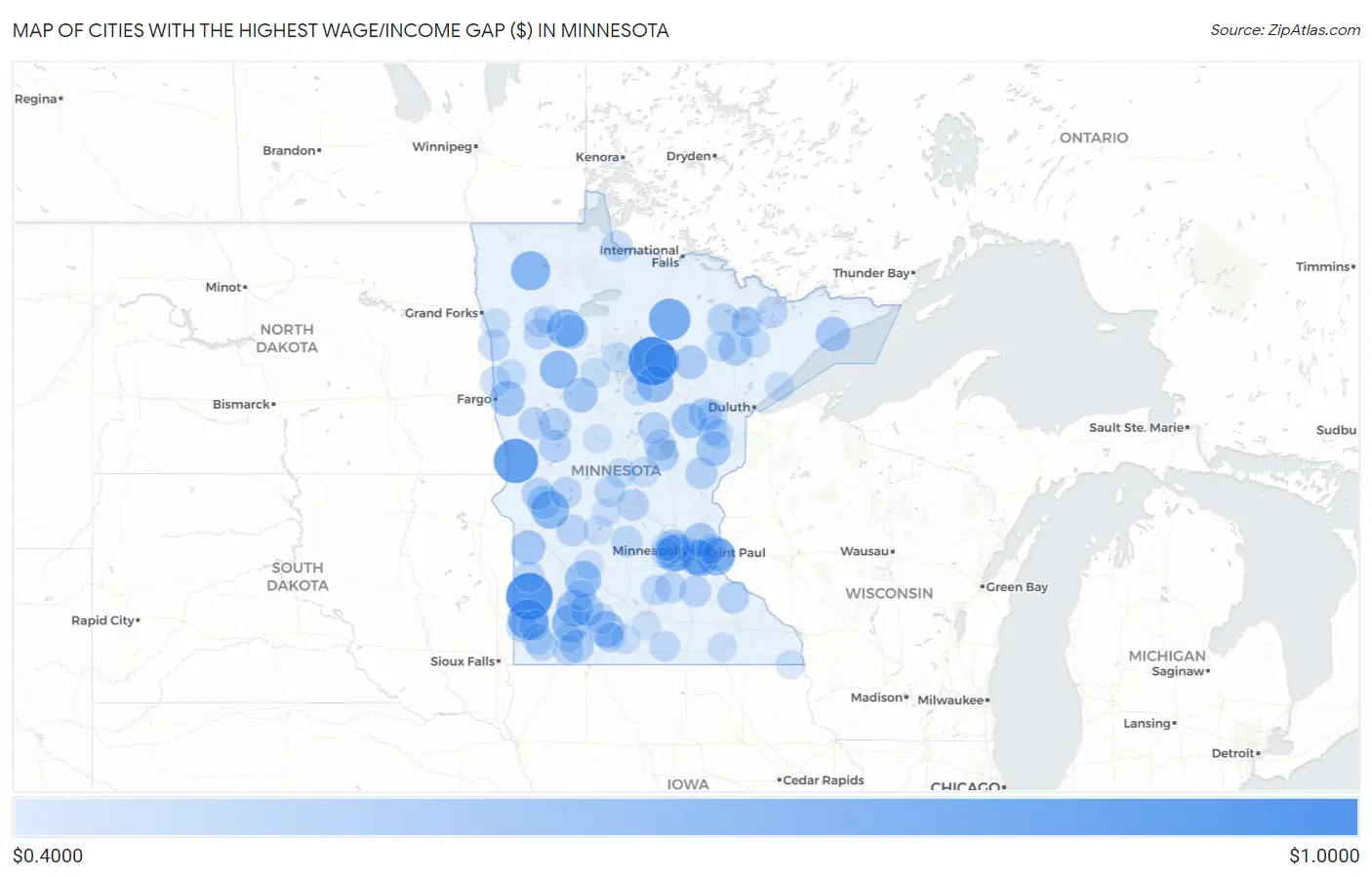 Cities with the Highest Wage/Income Gap ($) in Minnesota Map