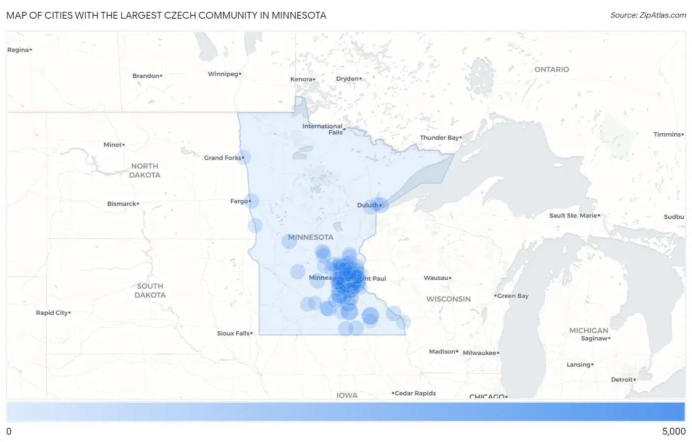 Cities with the Largest Czech Community in Minnesota Map