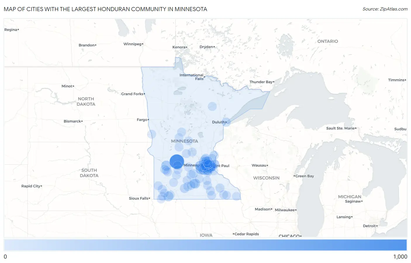 Cities with the Largest Honduran Community in Minnesota Map