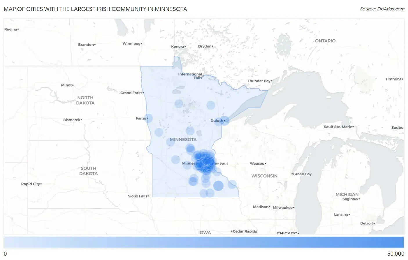 Cities with the Largest Irish Community in Minnesota Map