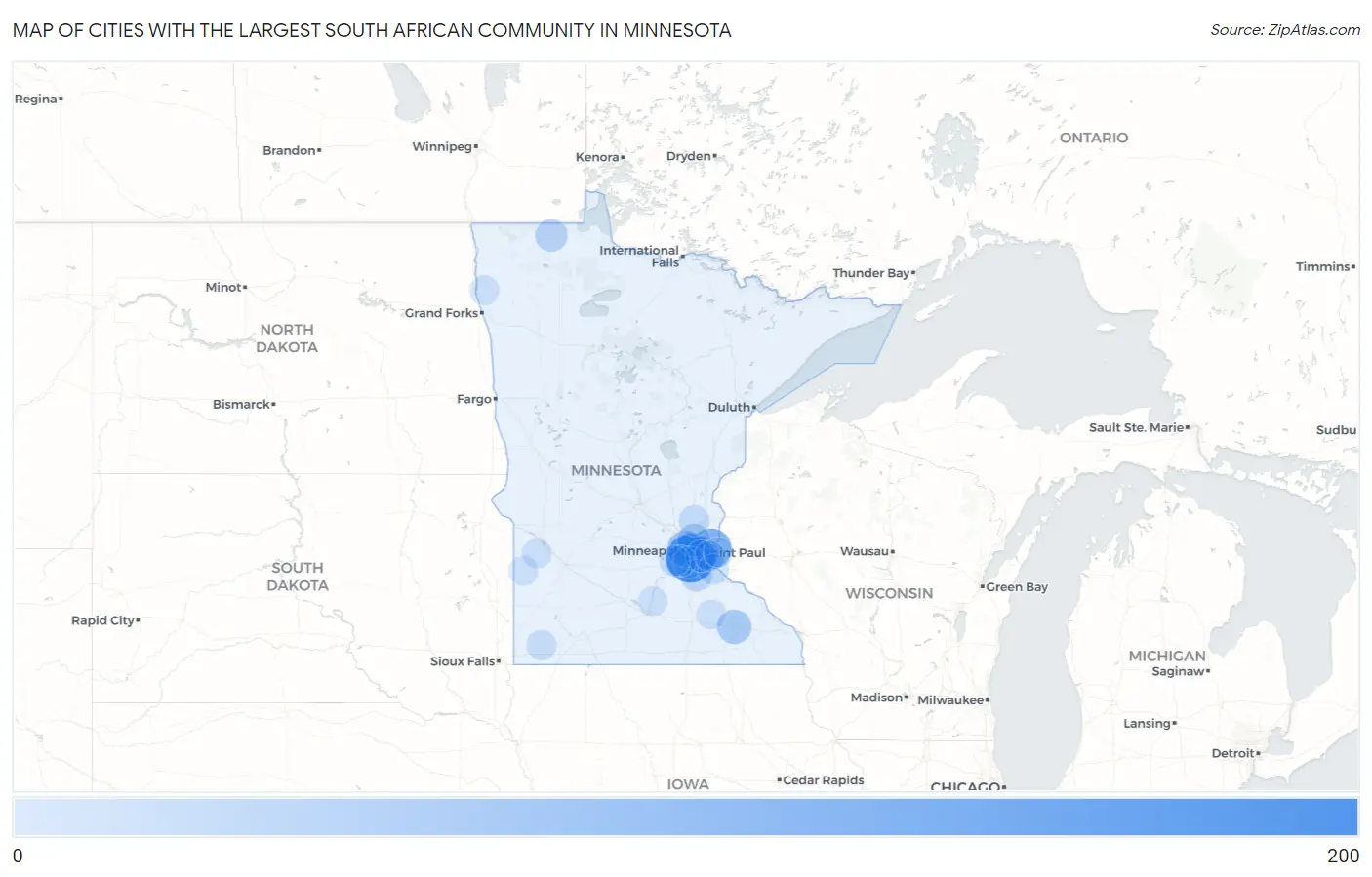 Cities with the Largest South African Community in Minnesota Map