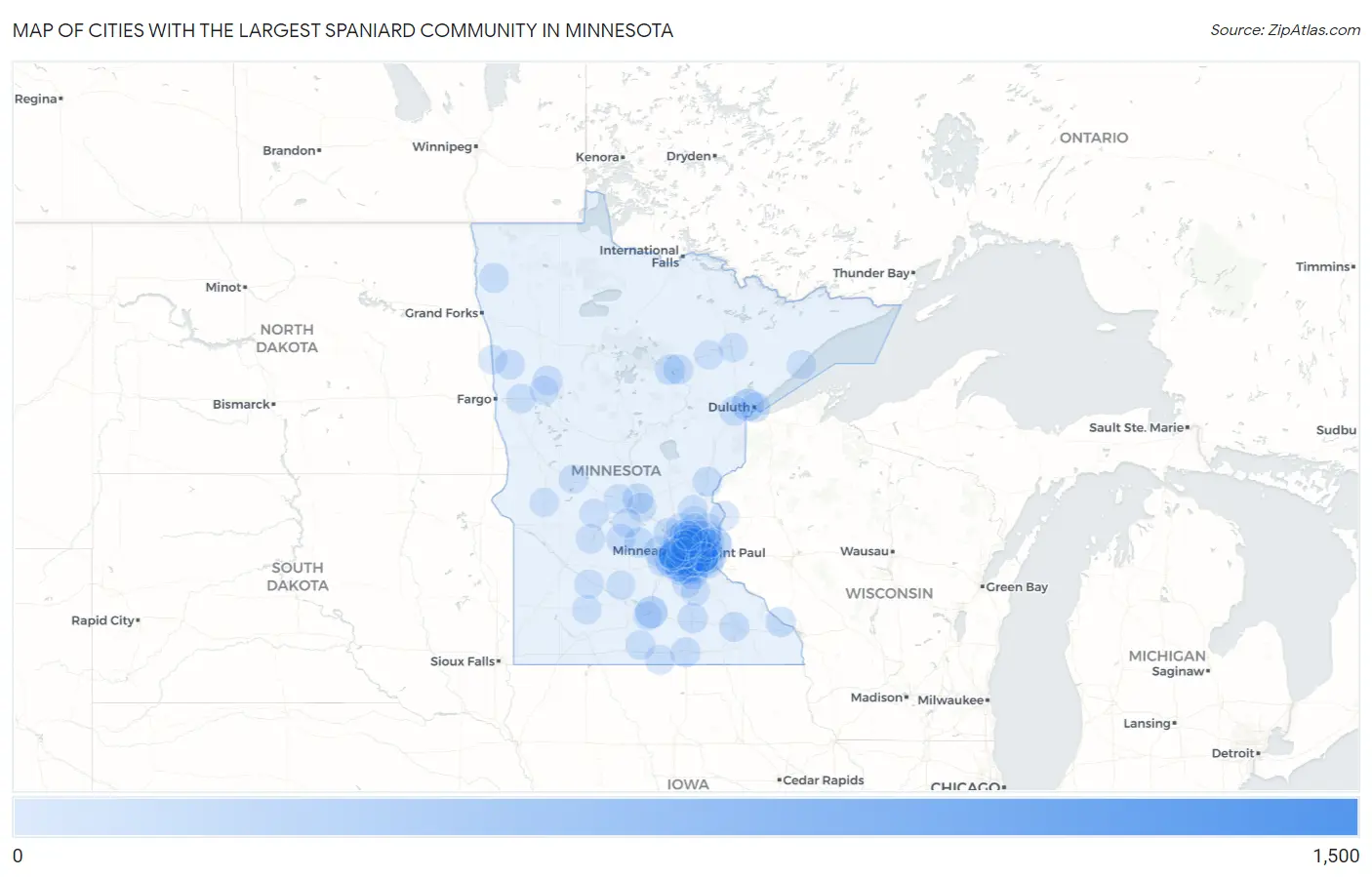 Cities with the Largest Spaniard Community in Minnesota Map