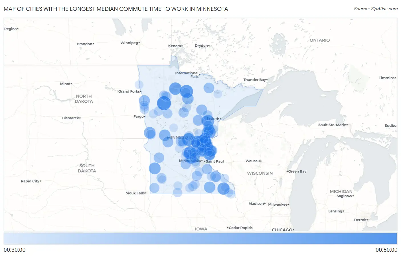 Cities with the Longest Median Commute Time to Work in Minnesota Map