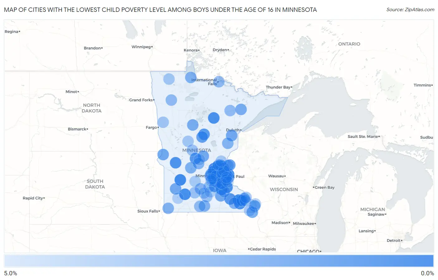 Cities with the Lowest Child Poverty Level Among Boys Under the Age of 16 in Minnesota Map
