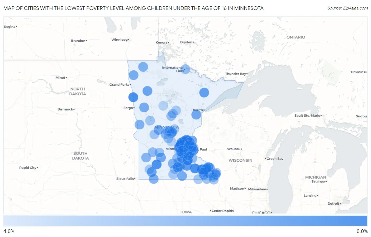 Cities with the Lowest Poverty Level Among Children Under the Age of 16 in Minnesota Map