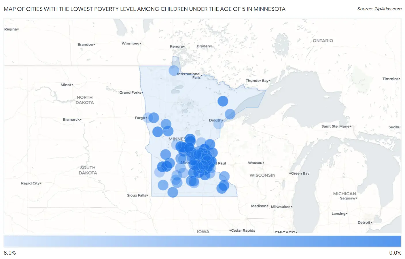 Cities with the Lowest Poverty Level Among Children Under the Age of 5 in Minnesota Map