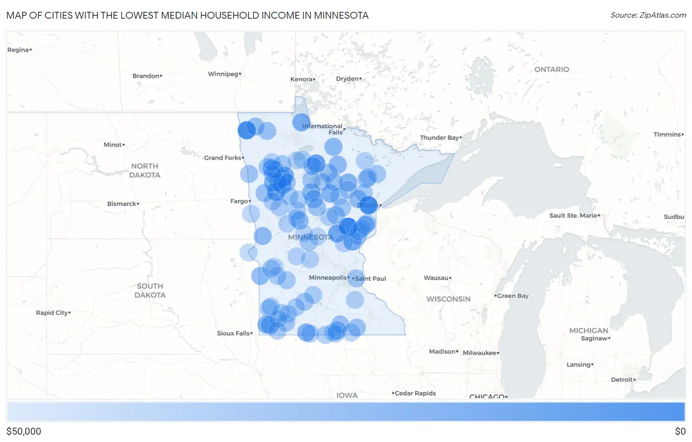 Cities with the Lowest Median Household Income in Minnesota Map