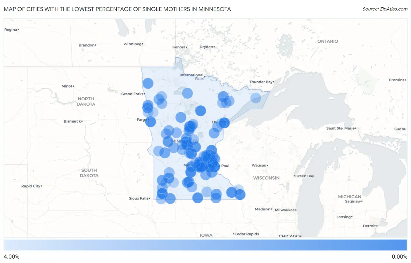 Cities with the Lowest Percentage of Single Mothers in Minnesota Map