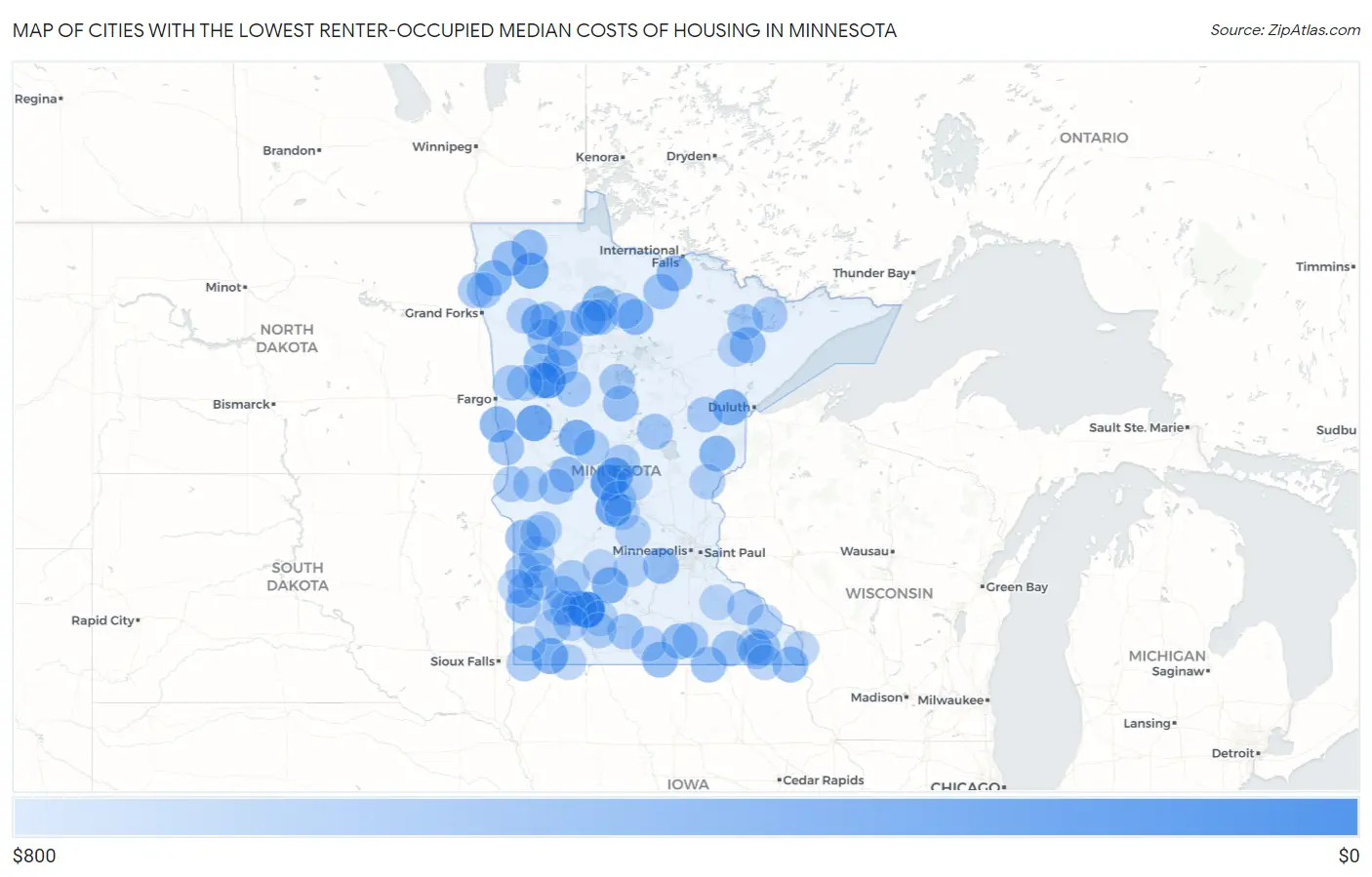 Cities with the Lowest Renter-Occupied Median Costs of Housing in Minnesota Map