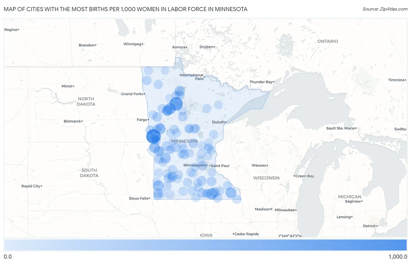 Cities with the Most Births per 1,000 Women in Labor Force in Minnesota Map