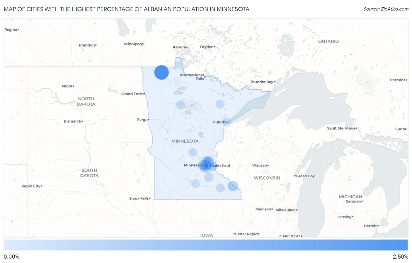 Cities with the Highest Percentage of Albanian Population in Minnesota Map