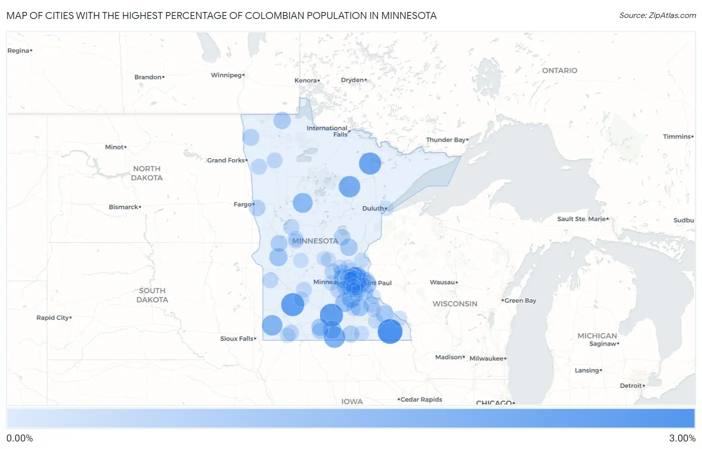 Cities with the Highest Percentage of Colombian Population in Minnesota Map