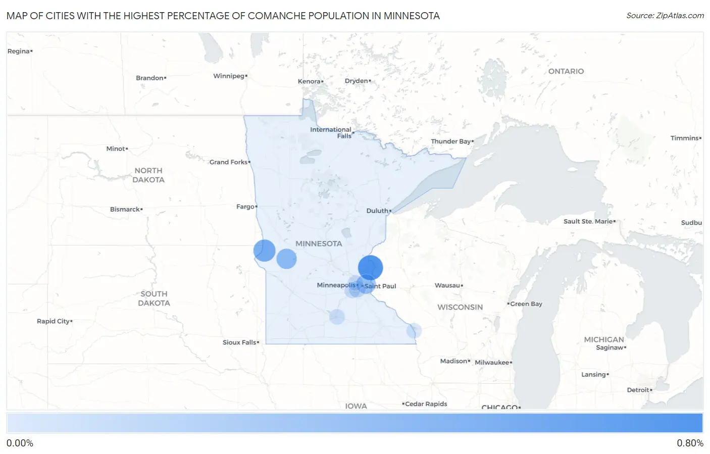 Cities with the Highest Percentage of Comanche Population in Minnesota Map