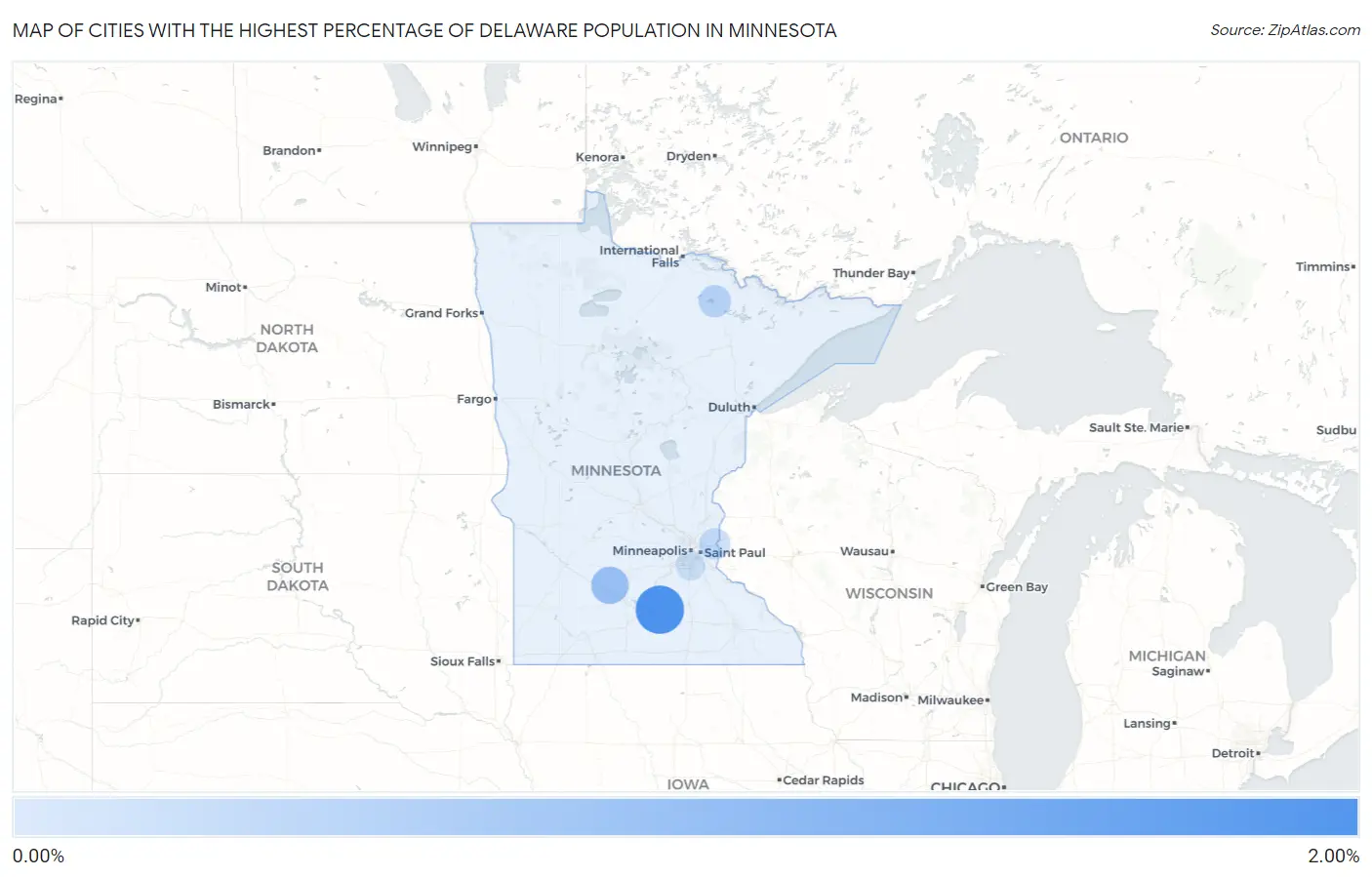 Cities with the Highest Percentage of Delaware Population in Minnesota Map