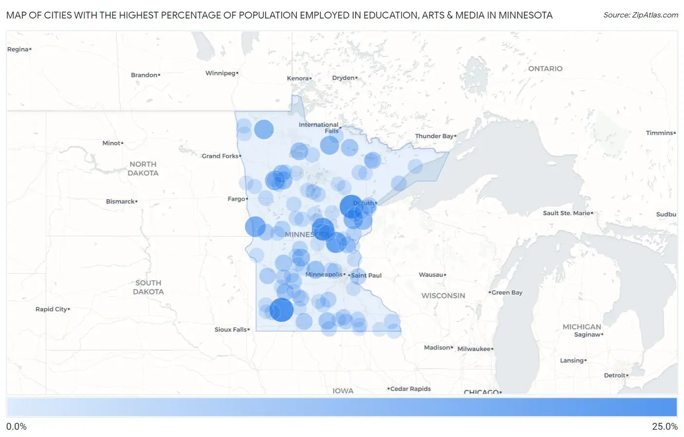Cities with the Highest Percentage of Population Employed in Education, Arts & Media in Minnesota Map