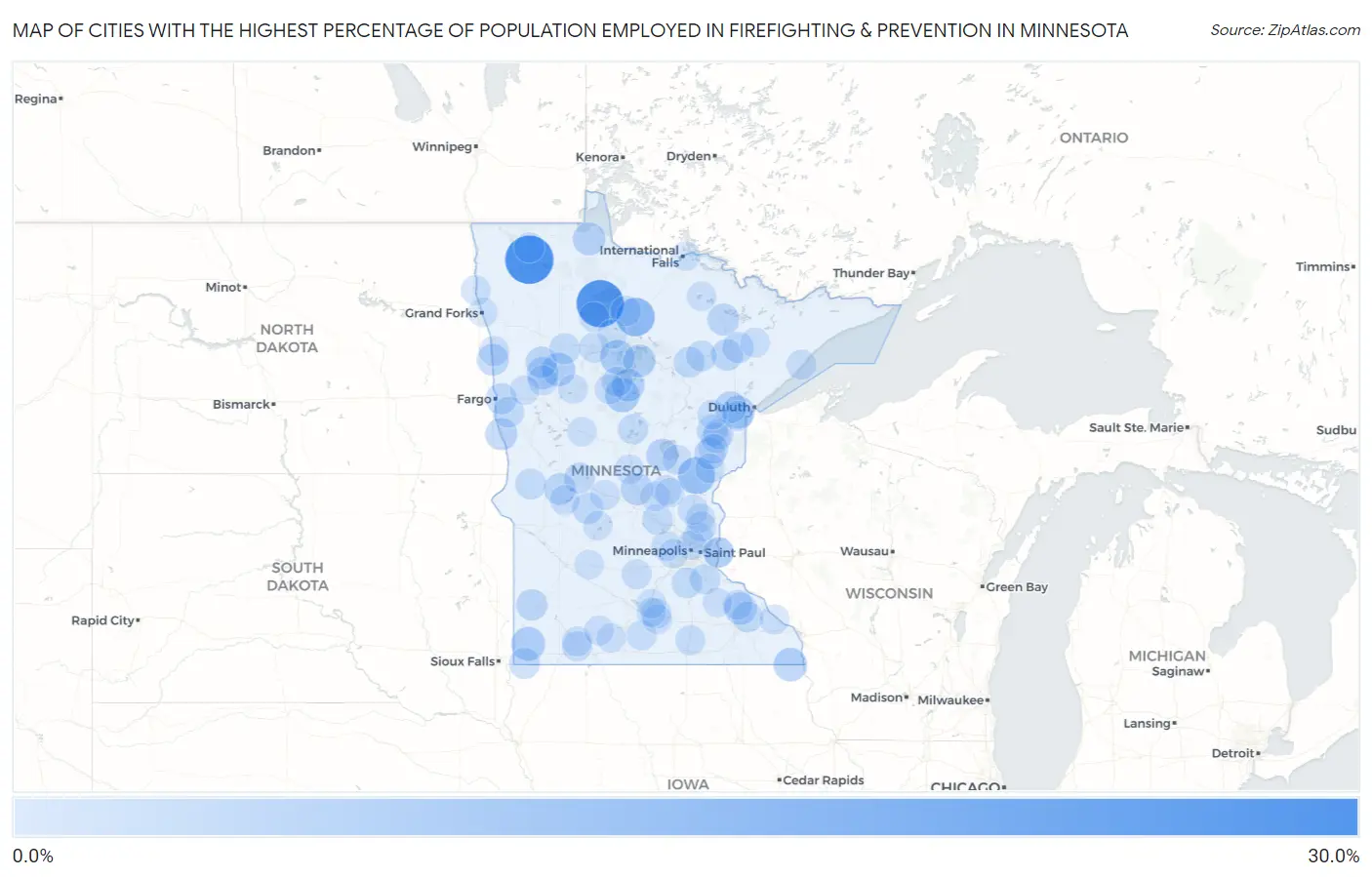 Cities with the Highest Percentage of Population Employed in Firefighting & Prevention in Minnesota Map