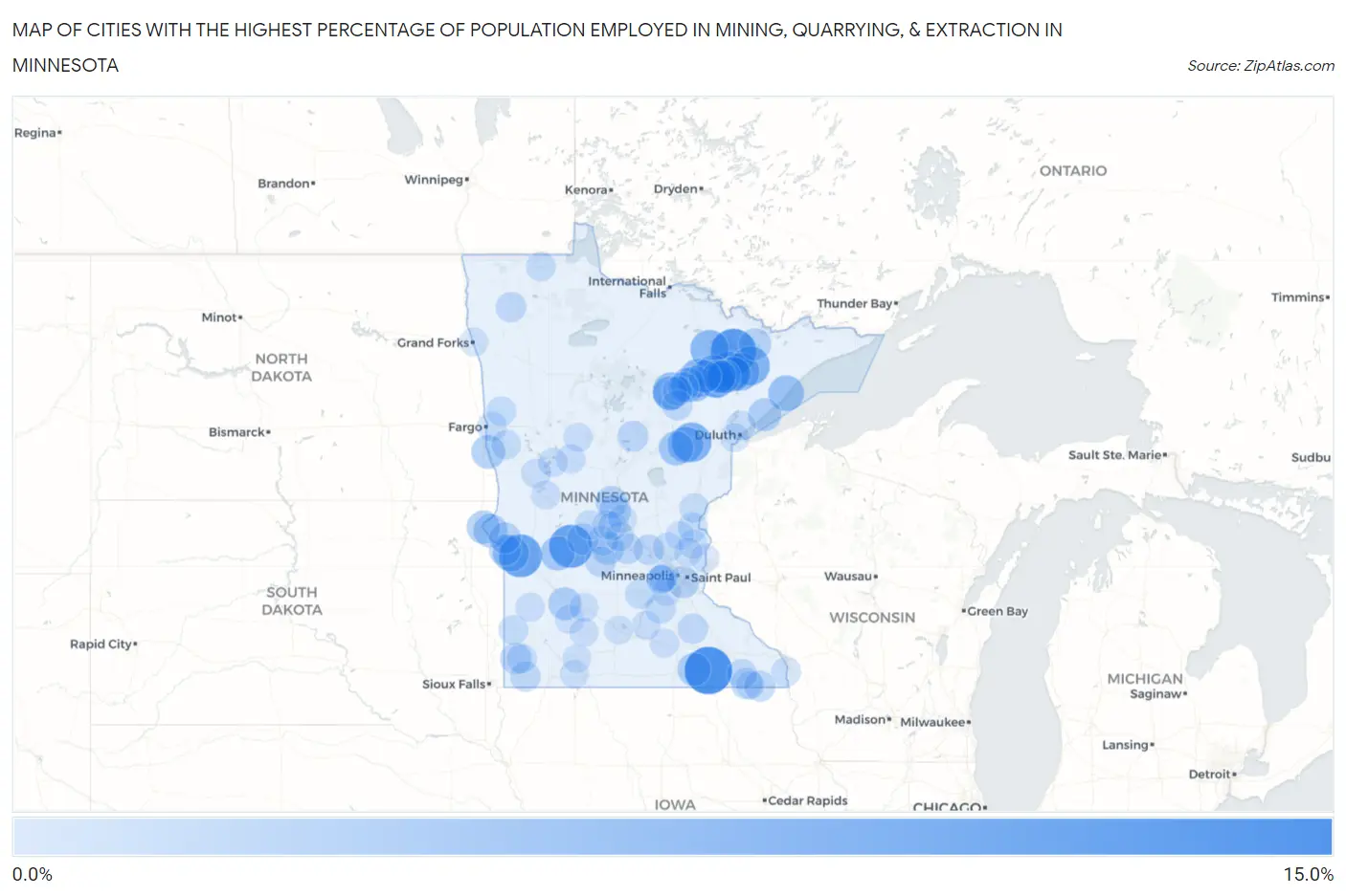 Cities with the Highest Percentage of Population Employed in Mining, Quarrying, & Extraction in Minnesota Map
