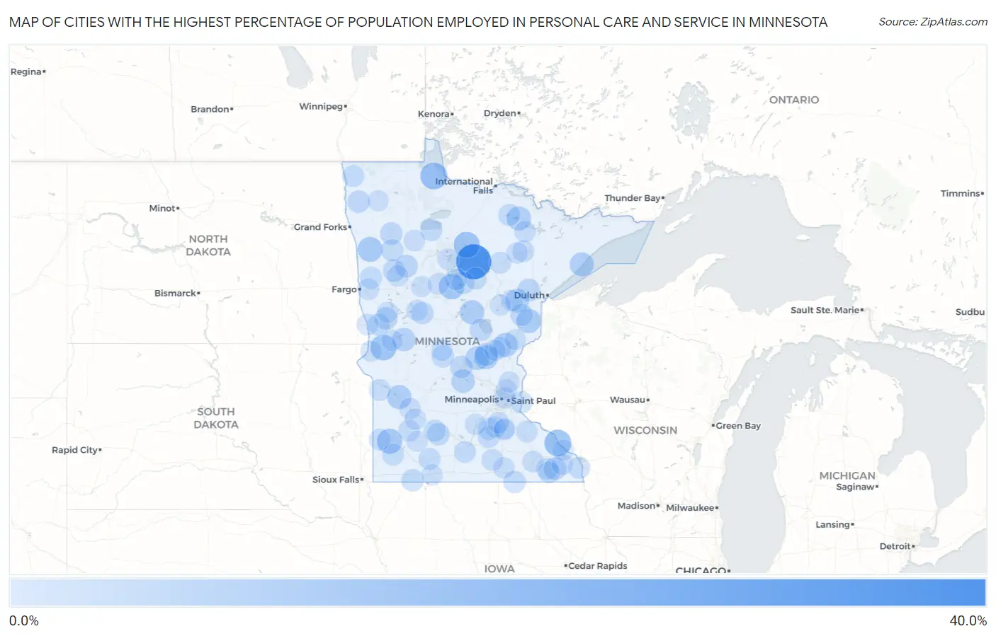 Cities with the Highest Percentage of Population Employed in Personal Care and Service in Minnesota Map