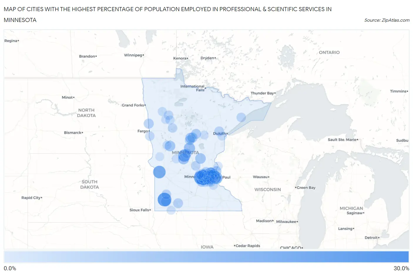 Cities with the Highest Percentage of Population Employed in Professional & Scientific Services in Minnesota Map