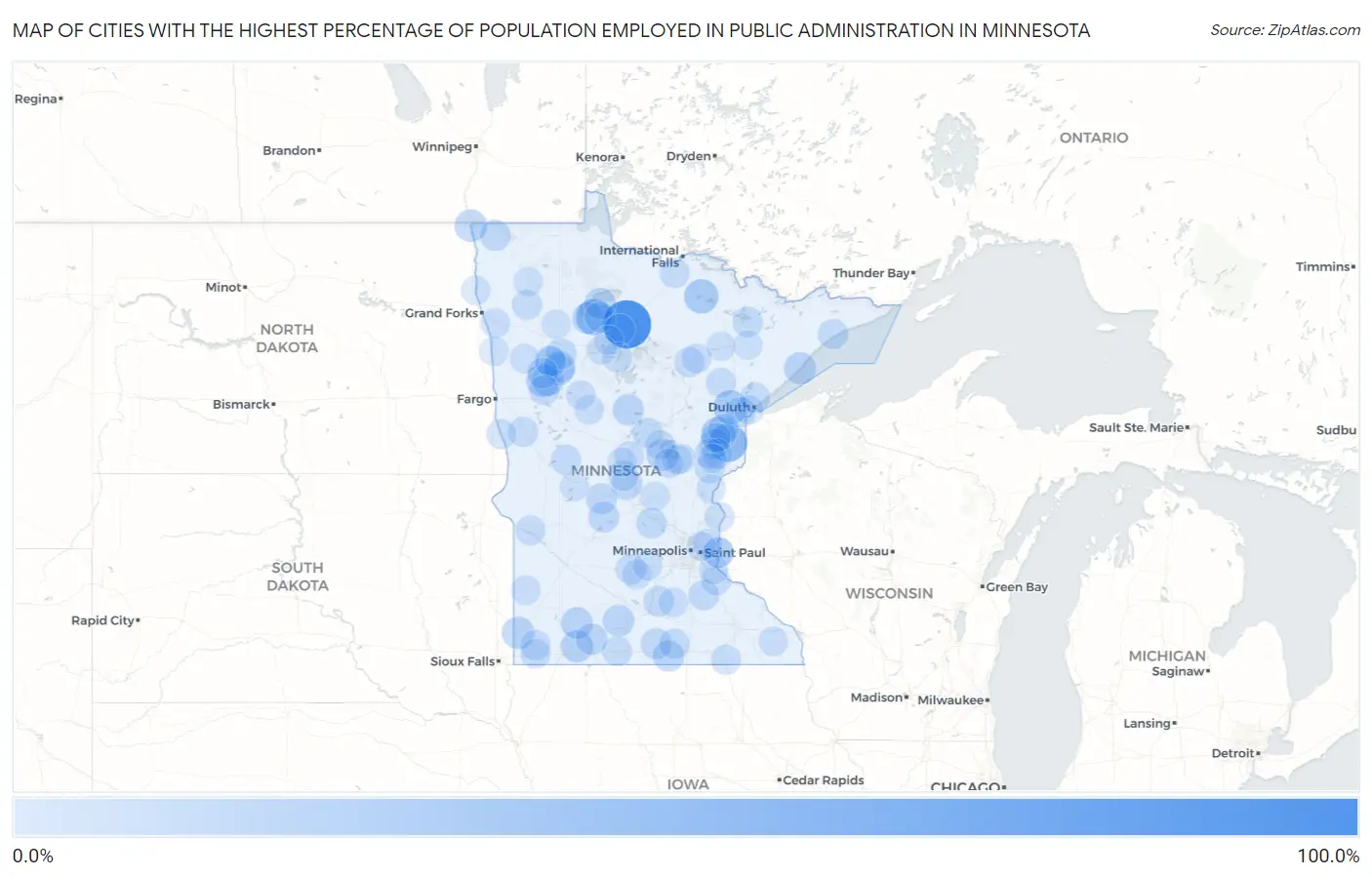 Cities with the Highest Percentage of Population Employed in Public Administration in Minnesota Map