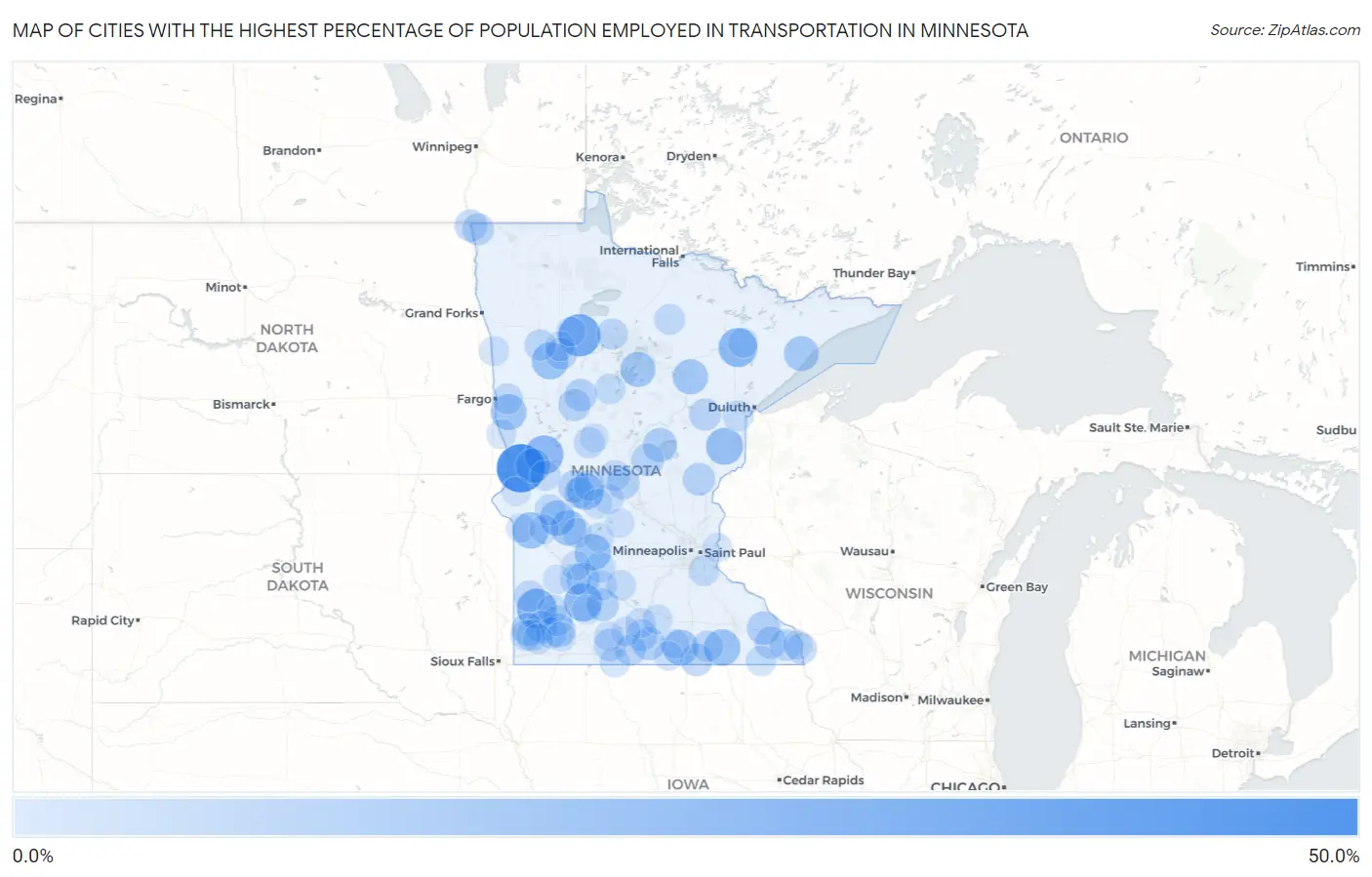 Cities with the Highest Percentage of Population Employed in Transportation in Minnesota Map