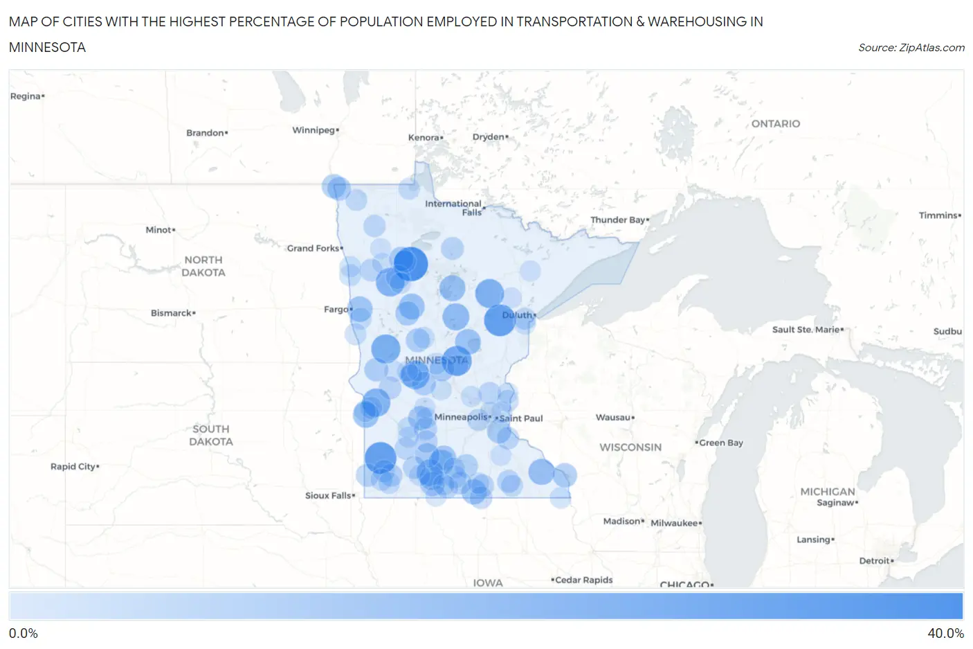 Cities with the Highest Percentage of Population Employed in Transportation & Warehousing in Minnesota Map