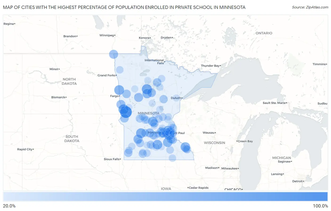 Cities with the Highest Percentage of Population Enrolled in Private School in Minnesota Map