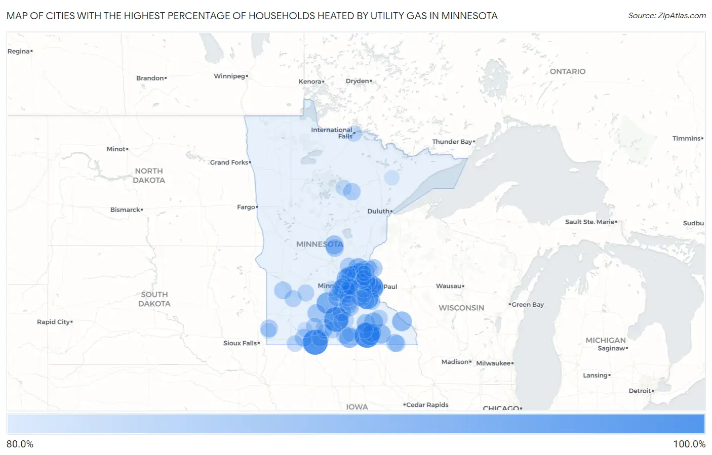 Cities with the Highest Percentage of Households Heated by Utility Gas in Minnesota Map