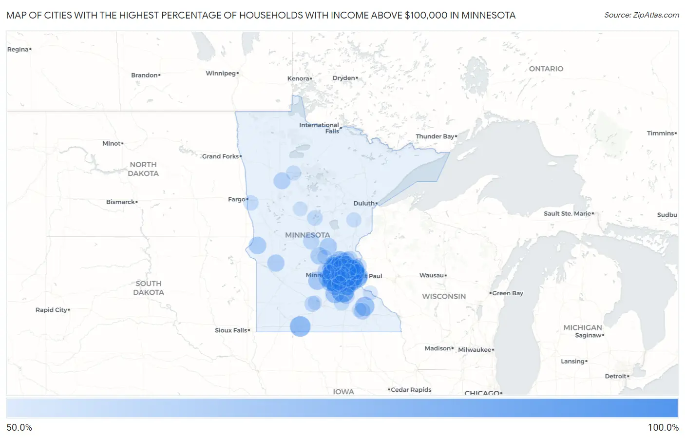 Cities with the Highest Percentage of Households with Income Above $100,000 in Minnesota Map